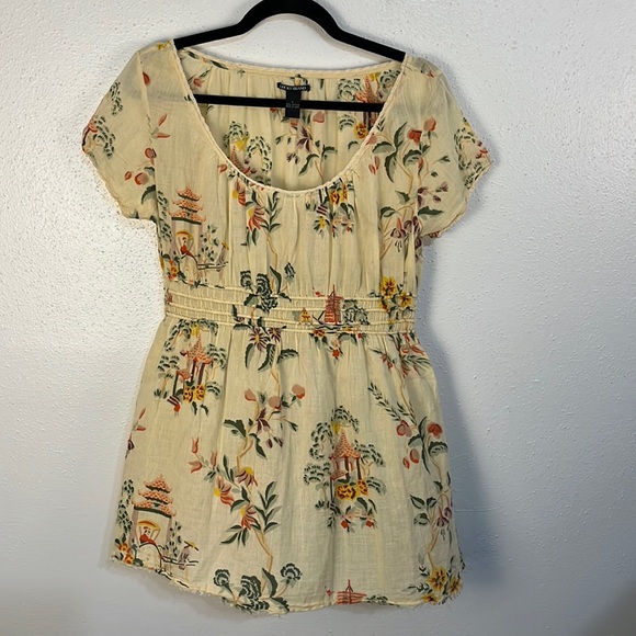 Lucky Brand semi sheer Asian print top size Large 100% cotton - Picture 1 of 9